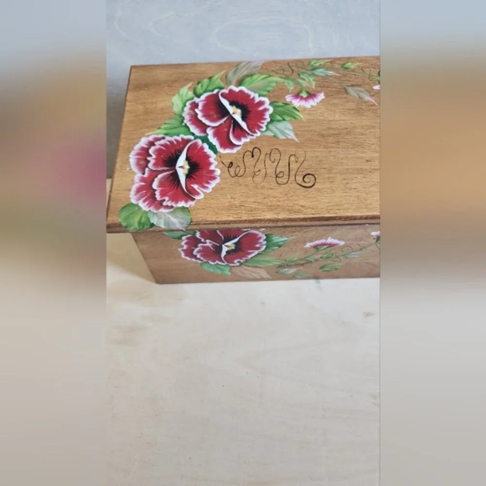 Divided Hand-Painted Wooden Box‎ with Floral Design, Tea/herbs/office/seeds Etc
